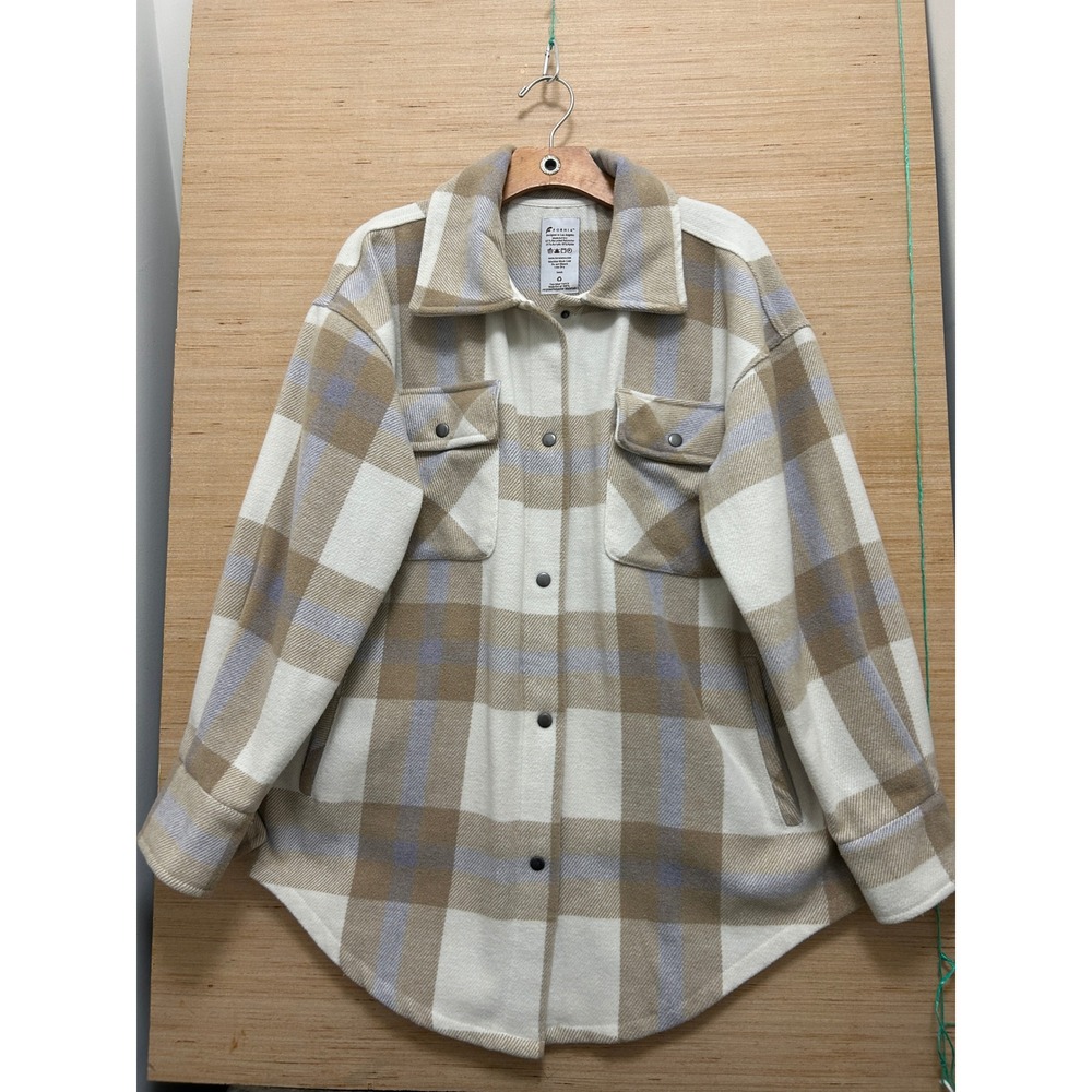 Fornia Womens Plaid Snap Button Shacket Tan Cream Lavender Oversized Small‎